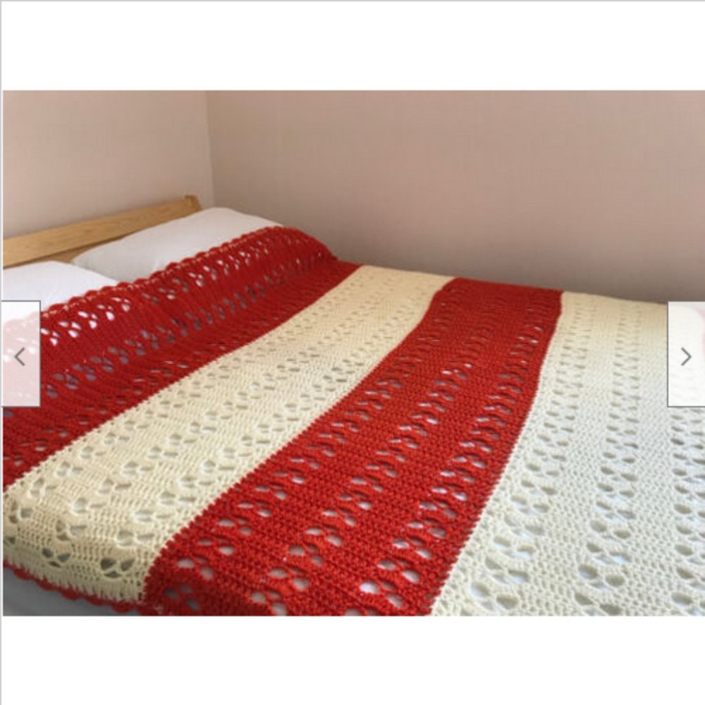 Ivory & Orange Hand Crochet Afghan Throw Blanket Open Fan Stitch 64x72"